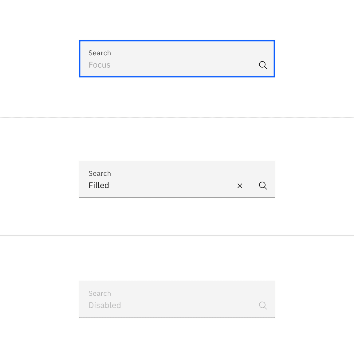 Examples of focus, filled, and disabled search states Examples of focus, filled, and disabled search states